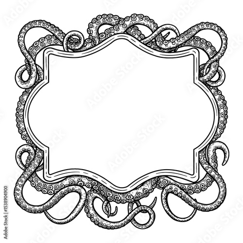 Decorative Octopus Tentacles Frame Design Blank Label Black and White Outline Line Art Drawing Engraving Style