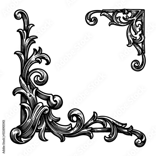 Decorative Intricate Elegant Curls Scrolls Ornament Corner Design Element Black and White Outline Line Art Drawing