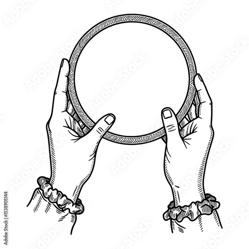 Female Hands Holding Round Mirror with Ruffled Cuffs Black and White Outline Line Art Drawing Vintage Style