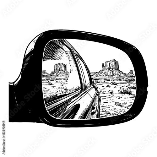 Desert Area Landscape Reflected in Car Side Mirror Black and White Outline Line Art Drawing