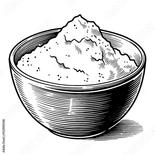 Flour in a Bowl Black and White Outline Line Art Drawing Vintage Style Ingredient for Baking