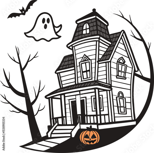 Playful spooky haunted house logo design with red green blue and yellow accents