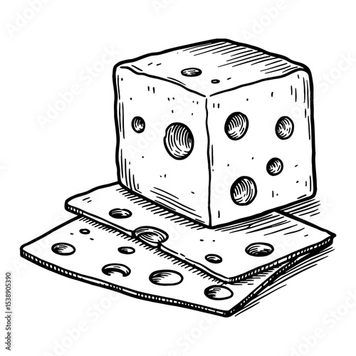 Black and White Outline Line Art Drawing of Sliced Cheese Cube and Two Pieces of Cheese