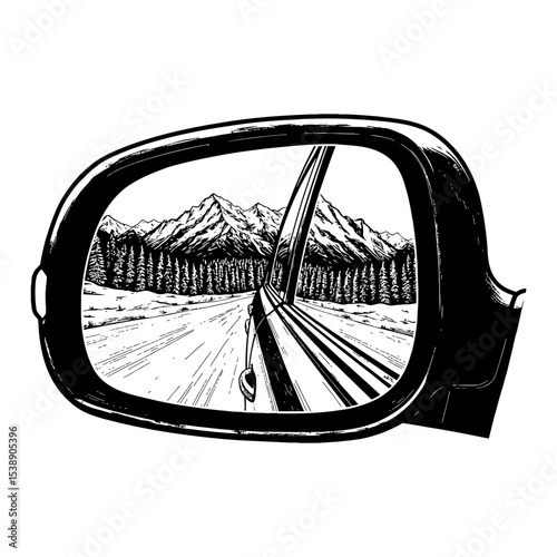 Snowy Mountain Landscape with Pine Trees Reflected in Car Side Mirror Black and White Outline Line Art Drawing