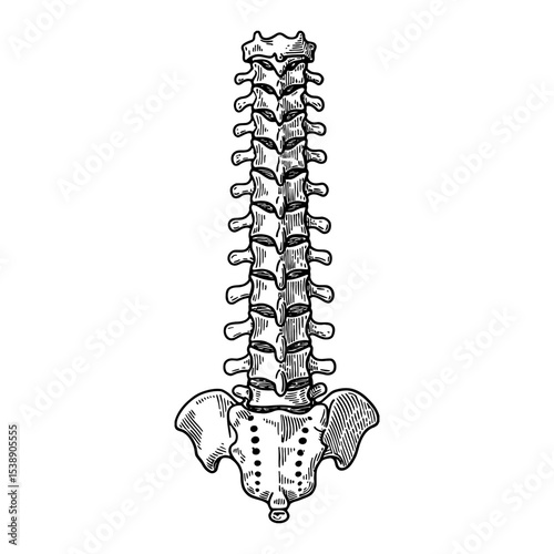 Human Vertebral Column Spine and Pelvis Back View Anatomical Black and White Outline Line Art Drawing