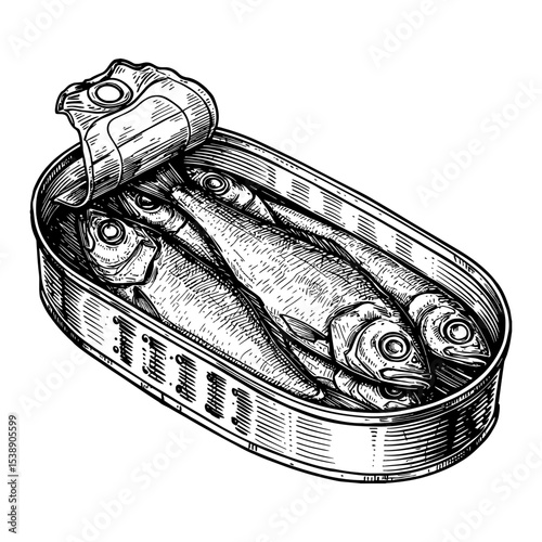 Opened Canned Fish Sardines Inside Black and White Outline Line Art Drawing Vector Isolated Object