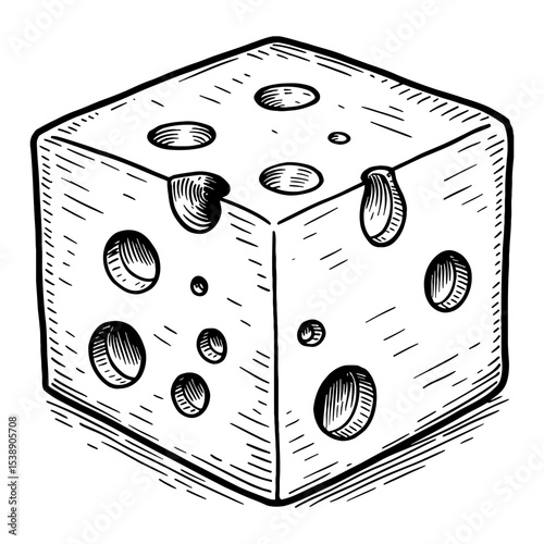 Vintage Black and White Outline Line Art Drawing of a Delicious Swiss Cheese Cube Slice Food Product