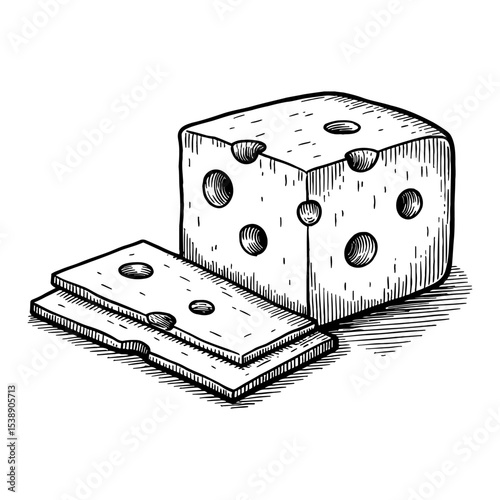 Delicious Sliced Cheese Cube Dairy Food Ingredient Black and White Outline Line Art Drawing