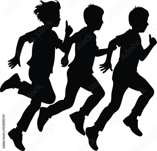 A black silhouette of three young figures running with purpose, boys  silhouettes isolated on white background . 
