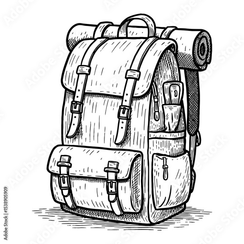 Adventurers Backpack with Rolled Sleeping Mat and Pockets Black and White Outline Line Art Drawing