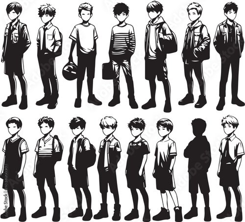 Collection of Schoolboy Silhouettes Diverse Poses Black and White Illustration for Design