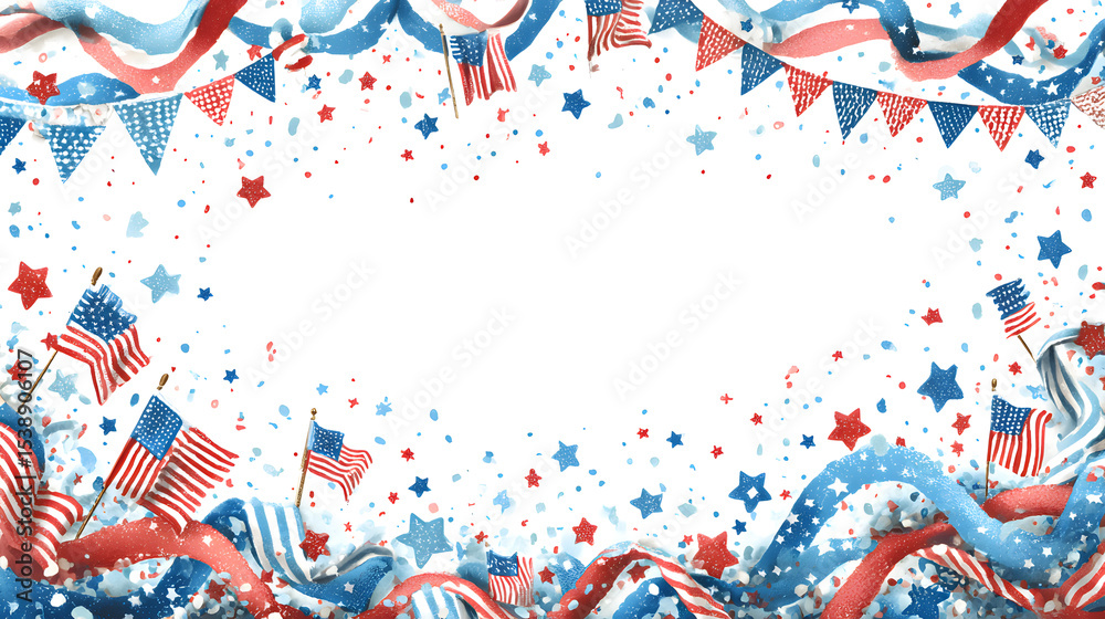 Obraz premium 4th of July celebration banner, red white blue ribbon confetti and USA flag bunting with copy space at center. 
