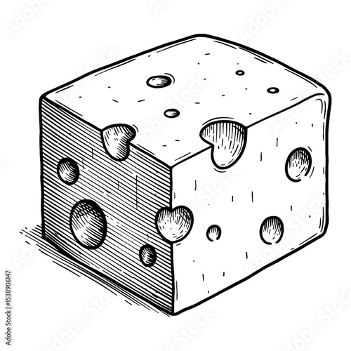 Delicious Cheese Cube with Numerous Holes and Textured Surfaces Black and White Outline Line Art Drawing