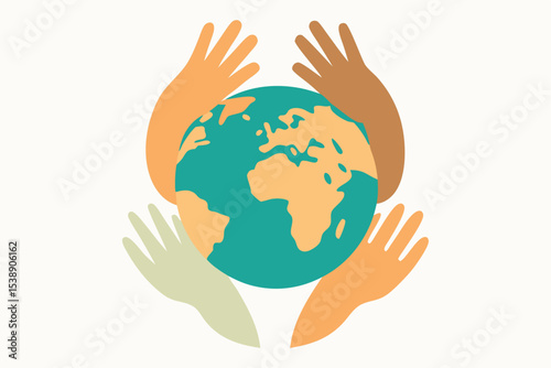 Unity for Earth Yoga Day Art – Diverse Hands Holding Glowing Planet, Clean Line Vector Illustration.