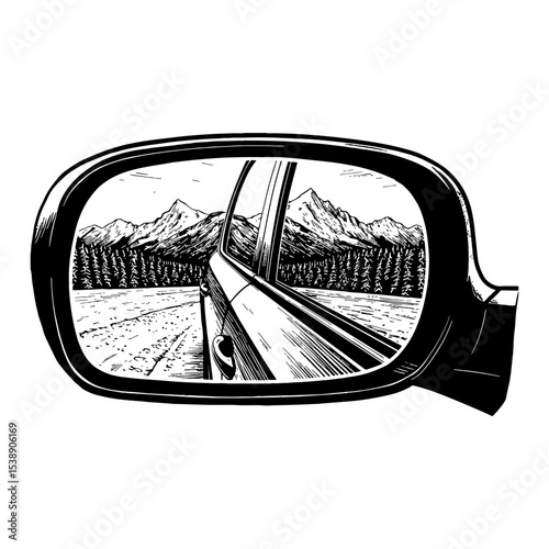 Snowy Mountain Landscape Reflected in Car Side Mirror Black and White Outline Line Art Drawing