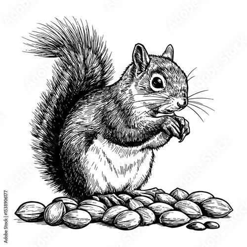 Squirrel Eating Nut on Top of a Pile of Nuts Detailed Black and White Outline Line Art Drawing