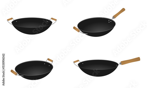 wok pan set with wood handle. vector illustration isolated on white background.