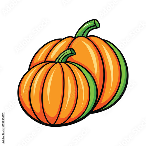 Two vibrant orange pumpkins with green stems perfect for autumn or thanksgiving celebrations