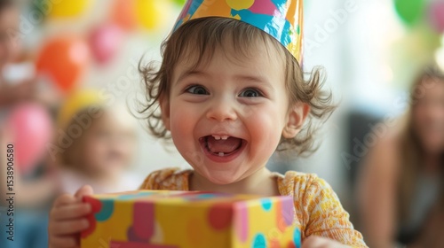 A toddler's joyful reaction as they receive a big birthday gift in a colorful party hat