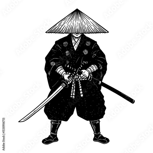 Traditional Japanese Samurai Warrior Holding Katana Sword Full Body Black and White Outline Line Art Drawing