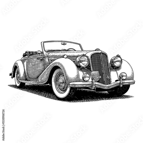 Antique Roadster Classic Car Three Quarter Front View Black and White Outline Line Art Drawing Vector Illustration