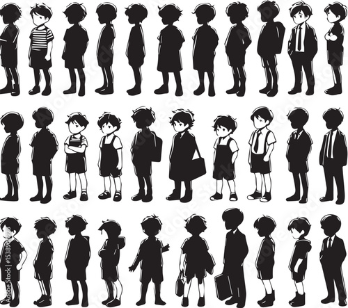 Collection of Schoolboy Silhouettes Diverse Poses Black and White Illustration for Design