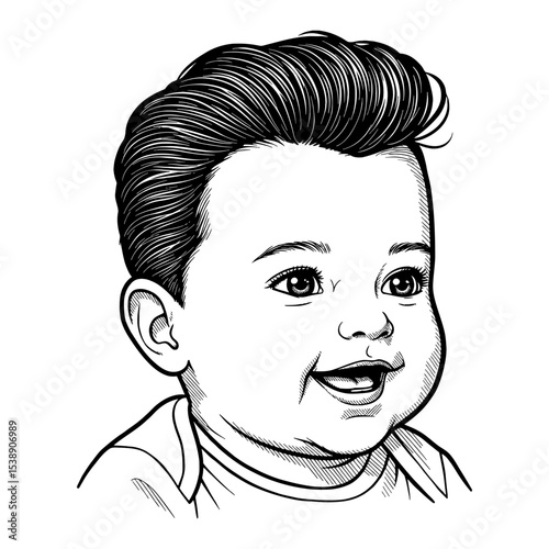 Cute Smiling Baby with a Retro Pompadour Hairstyle Black and White Outline Line Art Drawing
