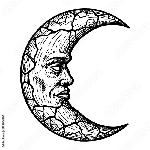Fractured Crescent Moon with Human Face Black and White Outline Line Art Drawing Vintage Engraving Illustration