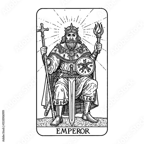 Majestic Emperor Figure Seated Holding Scepter and Orb Tarot Card Black and White Outline Line Art Drawing for Major Arcana Magic