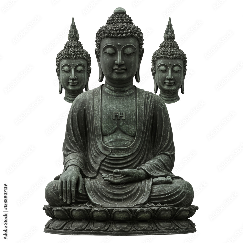 Obraz premium Buddha statue with three heads on transparent background 