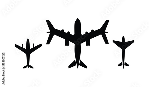 Diverse Vector Silhouette Icons Set of Airplanes, Aviation Aircraft Designs, Commercial and Military Flight Illustrations, Travel Transportation Graphics