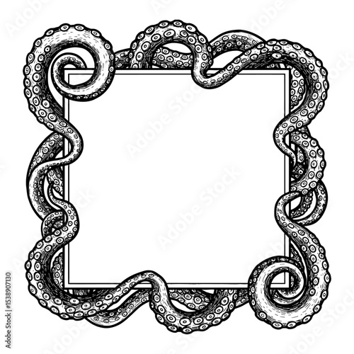 Intricate Octopus Tentacles Frame Design Wrapping Blank Label Black and White Outline Line Art Drawing
