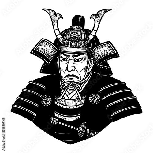 Traditional Japanese Samurai Portrait with Armor and Stern Expression Black and White Outline Line Art Drawing