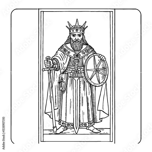 Emperor Magic Major Arcana Tarot Card King with Sword Shield Black and White Outline Line Art Drawing