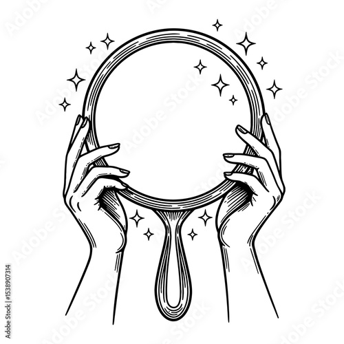 Female Hands Holding Round Mirror with Sparkling Elements Black and White Outline Line Art Drawing