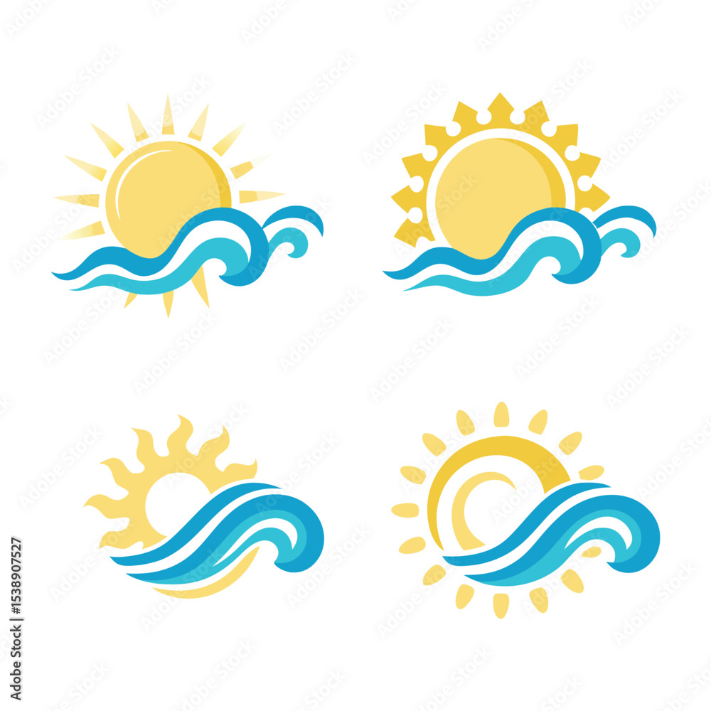 Fototapeta premium Colorful Vector Icons Set of Sun and Wave Combinations, Summer Ocean Designs, Beach Seascape Illustrations, Nature Landscape Graphics