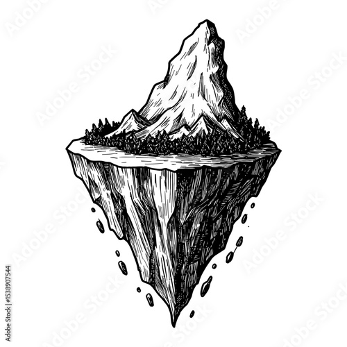 Black and White Outline Line Art Drawing of a Floating Island with Mountain and Forest Landscape