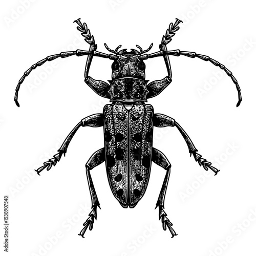 Longhorn Beetle Lophonocerus Barbicornus Top View Detailed Black and White Outline Line Art Drawing