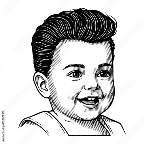 Adorable Smiling Baby Boy with a Retro Pompadour Hairstyle Black and White Outline Line Art Drawing