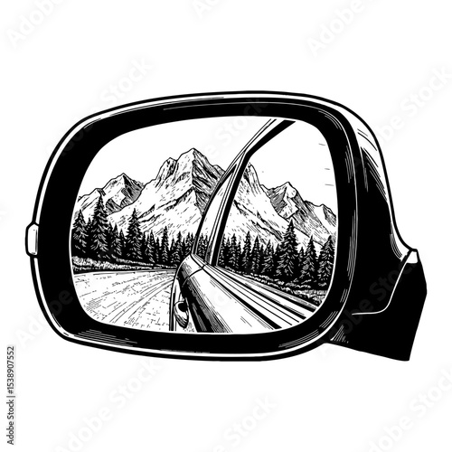 Scenic Mountain Landscape with Pine Trees Reflected in a Car Side Mirror Black and White Outline Line Art Drawing
