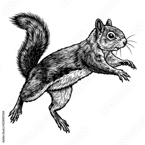 Dynamic Squirrel Jumping or Leaping Animal in Motion Detailed Black and White Outline Line Art Drawing