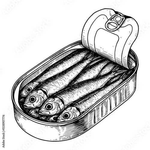 Opened Can of Canned Sardines Multiple Fish in Vintage Black and White Outline Line Art Drawing