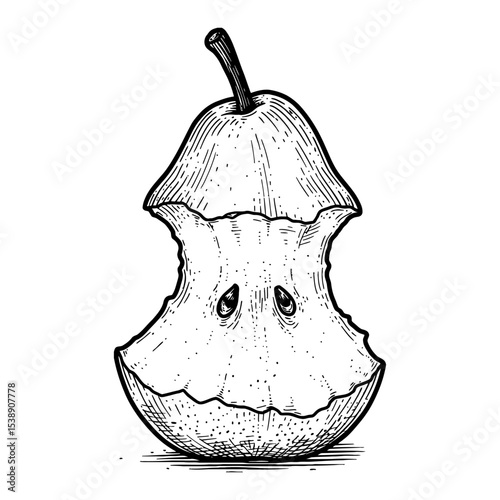 Bitten Pear Fruit Core Black and White Outline Line Art Drawing Isolated Vintage Engraving Style