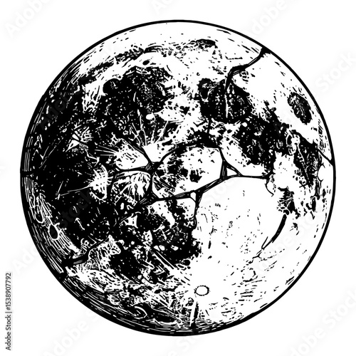Fractured Moon Black and White Outline Line Art Drawing with Cracked Surface and Abstract Detail