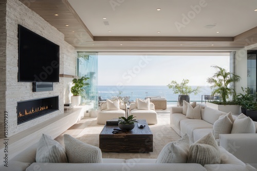 Luxurious beachfront living room with ocean view, featuring a large TV above a linear fireplace, plush white sofas, and a dark wood coffee table