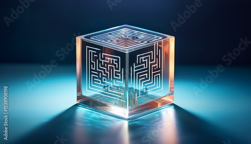 transparent glass cube with a developing maze inside