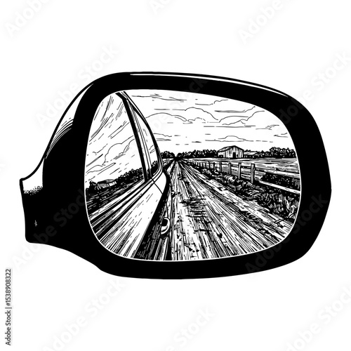 Scenic Rural Area Landscape Only in Reflection of Car Side Mirror Black and White Outline Line Art Drawing