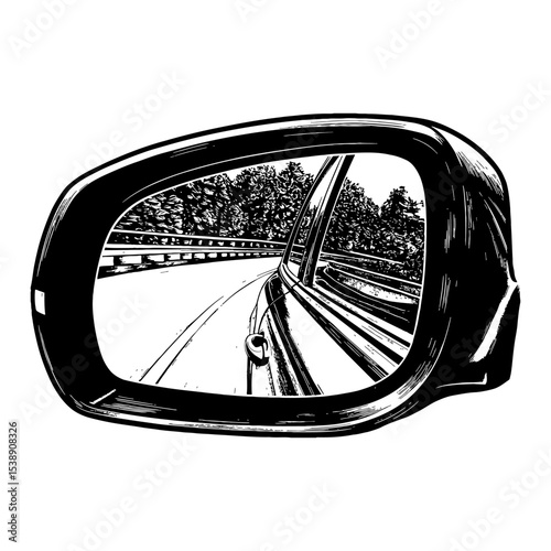 Scenic Road Landscape Only Reflected in Car Sideview Mirror Black and White Outline Line Art Drawing