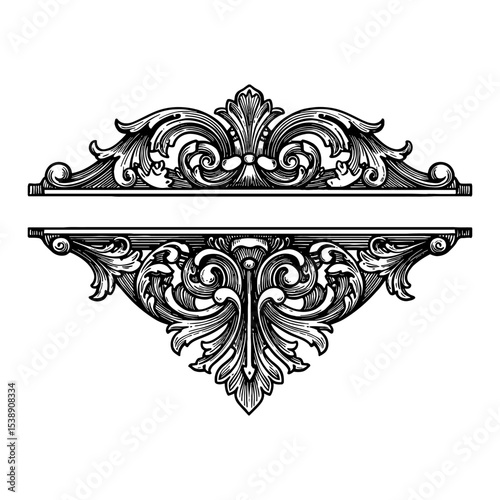 Elegant Baroque Horizontal Line Separator with Ornate Heart Shape Black and White Outline Line Art Drawing