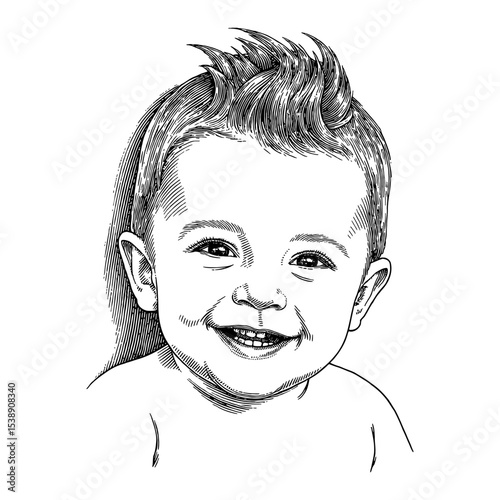Happy Smiling Baby Face with Cute Retro Pompadour Hairstyle Black and White Outline Line Art Drawing